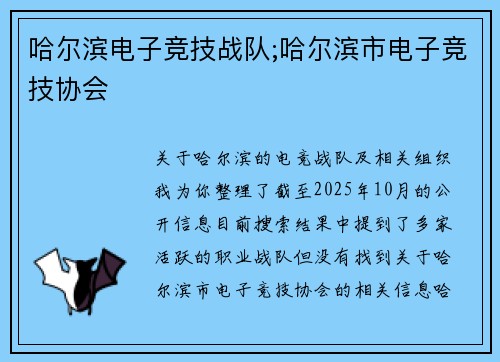 哈尔滨电子竞技战队;哈尔滨市电子竞技协会